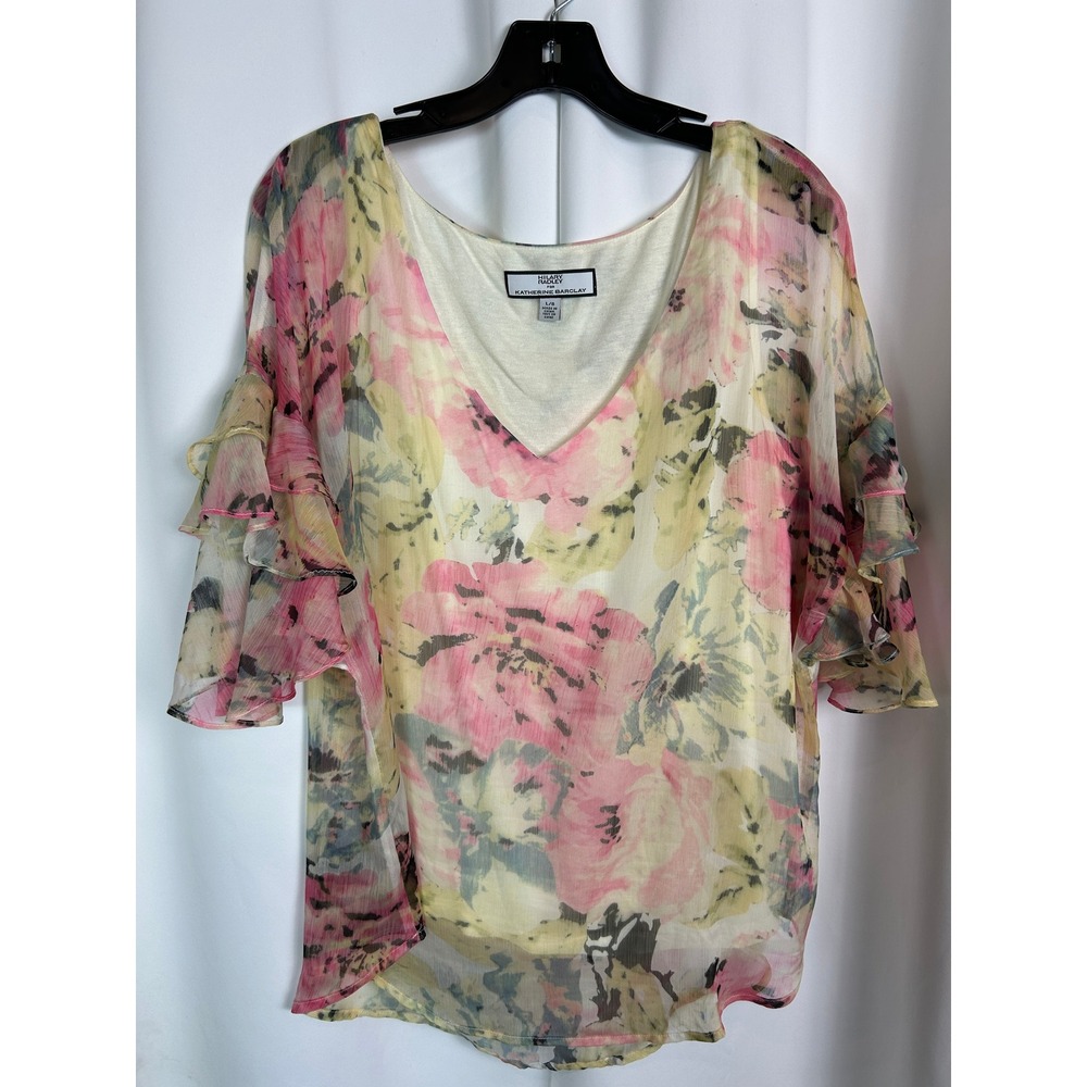 Hilary Radley for Katherine Barclay Pink Floral Ruffle Sleeve Blouse Romantic L
